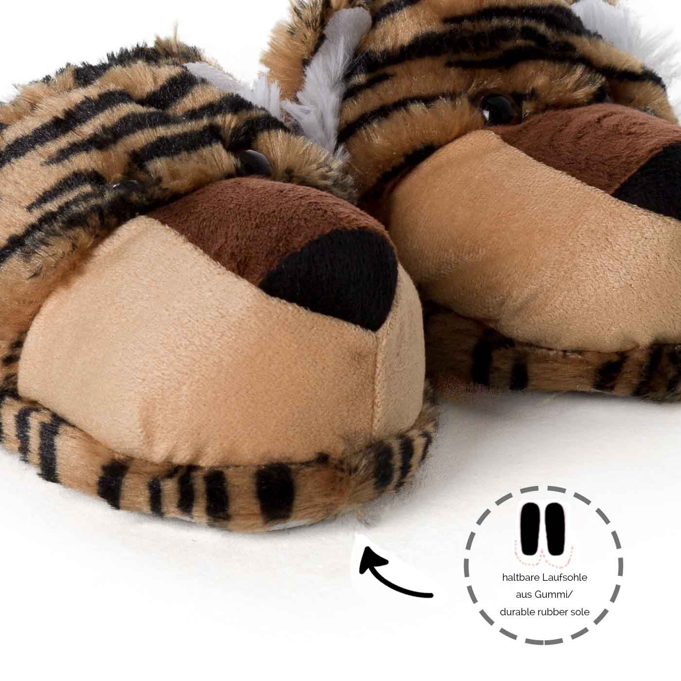 Lustige Tigerhausschuhe braun Produktfoto mit zoom auf Sohle